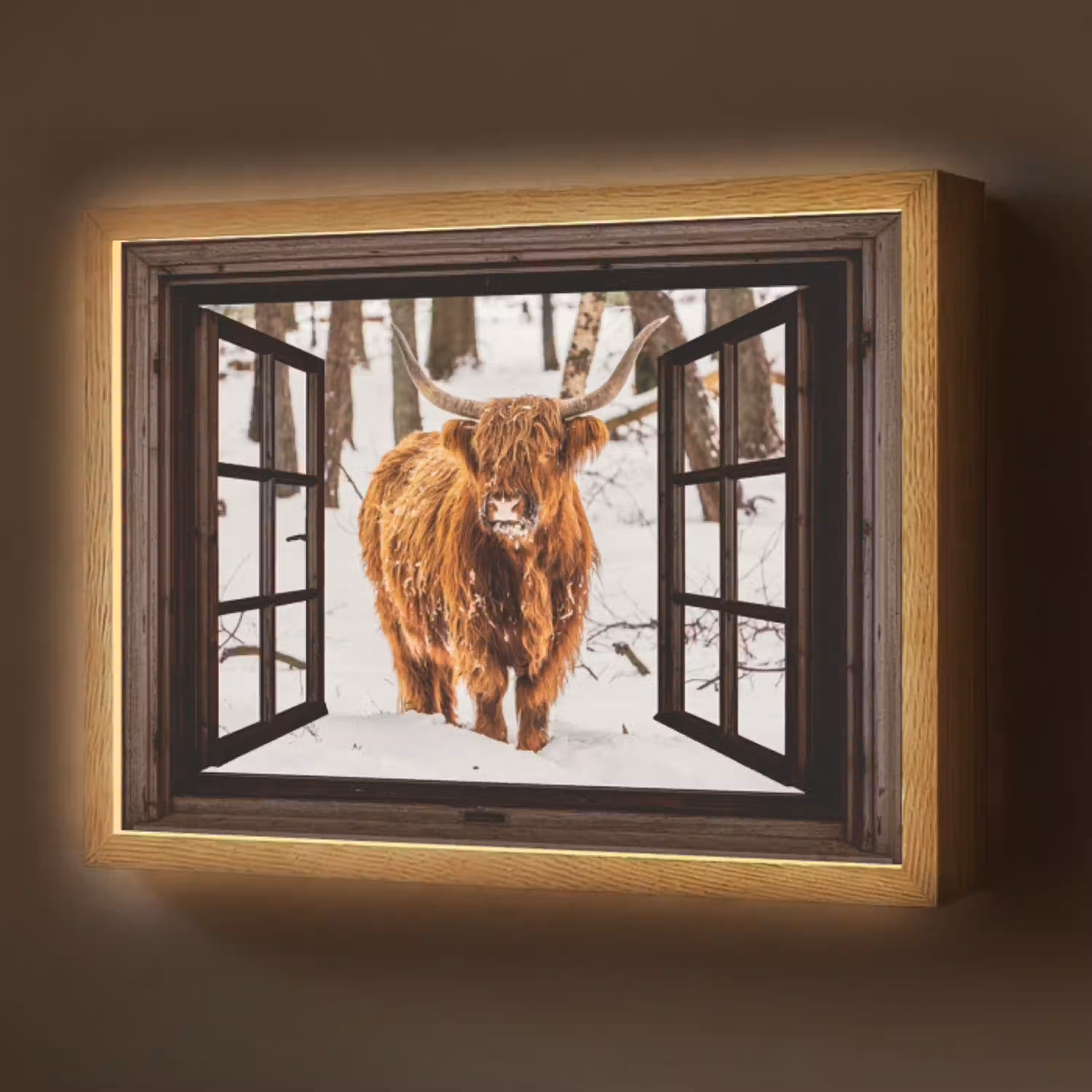 Schotse Hooglander - Sneeuw - Natuur - Dieren - Doorkijk - Winter Light Box met batterij (Wandlamp) middel -z3d_website