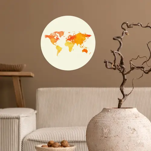 Wereldkaart - Oranje - Kleurrijk Wandcirkel behangsticker klein -sfeer1