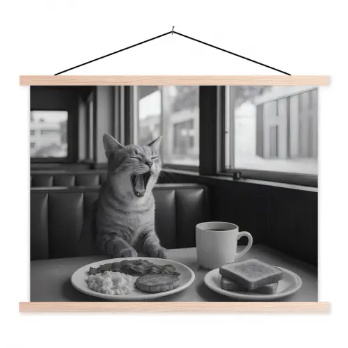 Kat - Koffie - Brood - Zwart textielposter latten blank klein -3d
