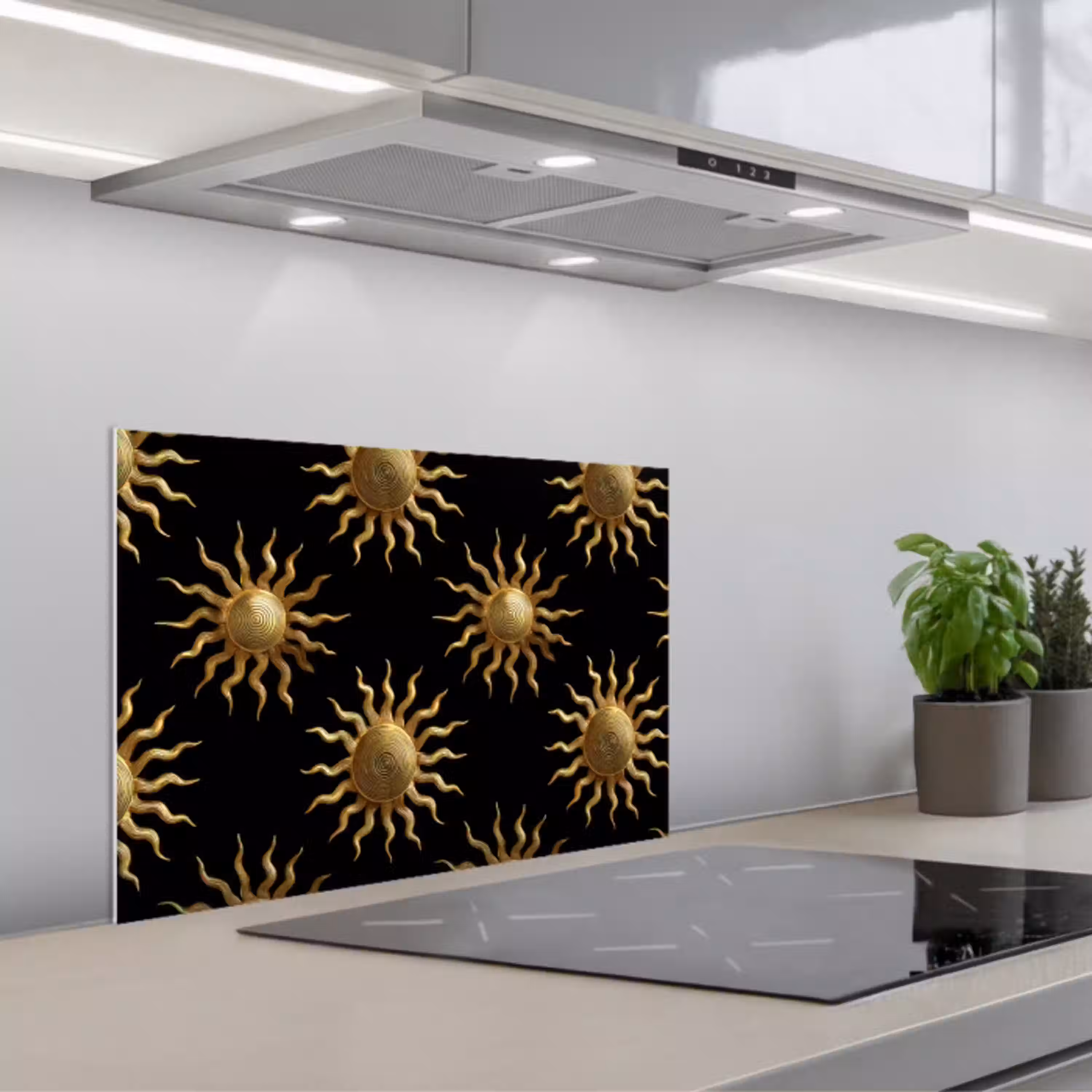 Zon - Patroon - Luxe - Goud - Zwart keuken achterwand spatscherm klein 900 -3d_schuin