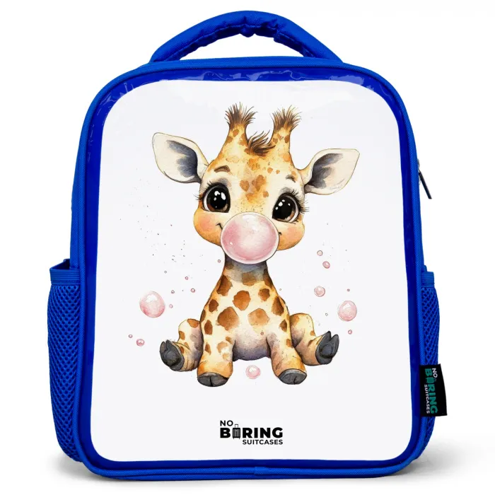 Giraffe met roze kauwgombal Kinderrugzak - Blauw middel -3d