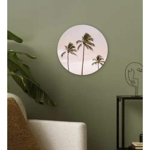 Palmbomen - Zonsondergang - Roze Wandcirkel kunststof plaat 5mm dik klein -sfeer3