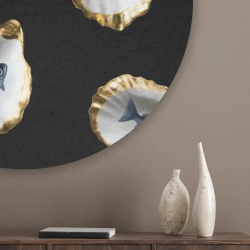 Oesters - Vissen - Blauw - Goud Akoestische PET Vilt - Rond klein -sfeer5_closeup