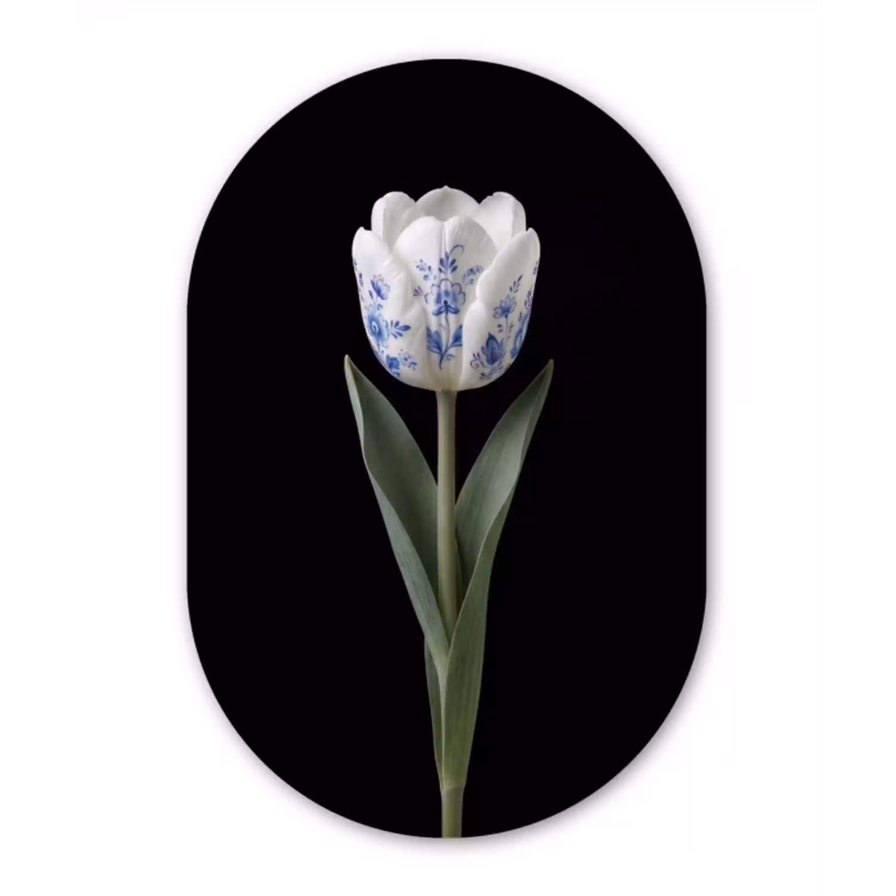 Tulp - Patroon - Blauw Wandcirkel Ovaal Aluminium middel -3d