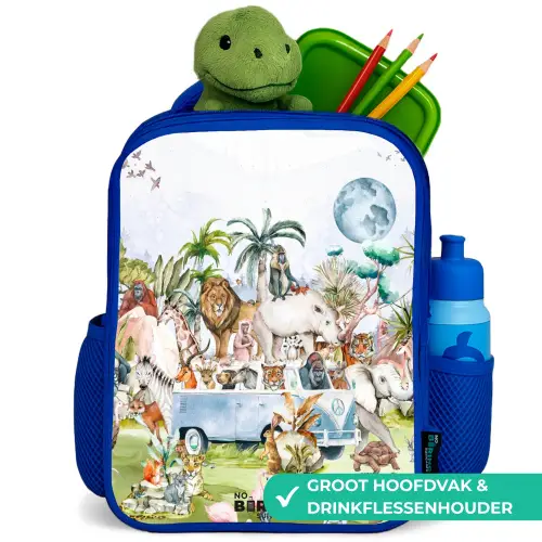 Busje met allemaal dieren Kinderrugzak - Blauw middel -inhoud_NL