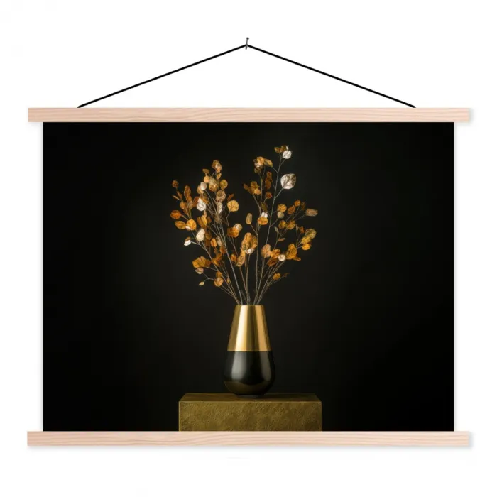 Goudbruine - Bladeren - Vaas - Herfstachtig textielposter latten blank klein -3d