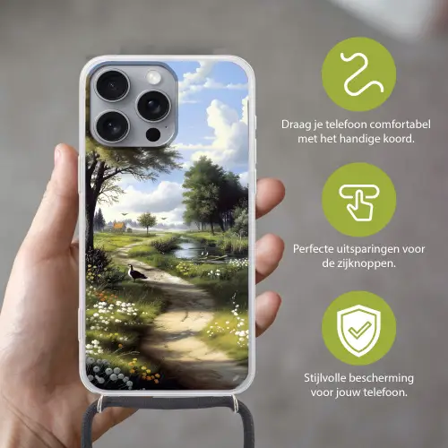 Zandpad - Groen landschap - Water Hoesje iPhone 16 Pro Max met koord klein -sfeer2_NL