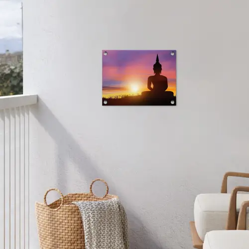 Zonsondergang - Horizon - Boeddha beeld - Buddha -  Silhouette tuinposter los doek klein -sfeer8
