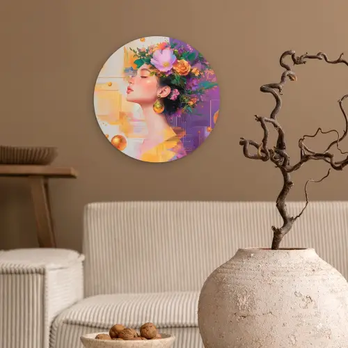 Abstract - Vrouw - Bloemenkroon - Goud Wandcirkel kunststof plaat 5mm dik klein -sfeer1