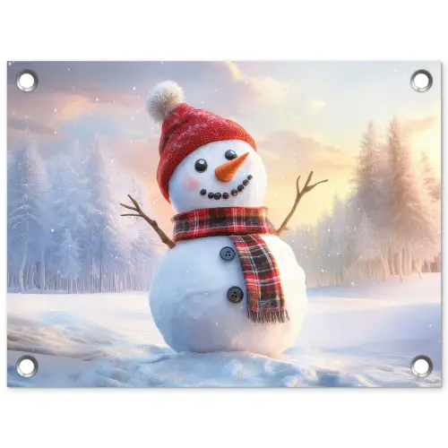 Sneeuwpop - Zonsondergang - Wit tuinposter los doek klein -3d
