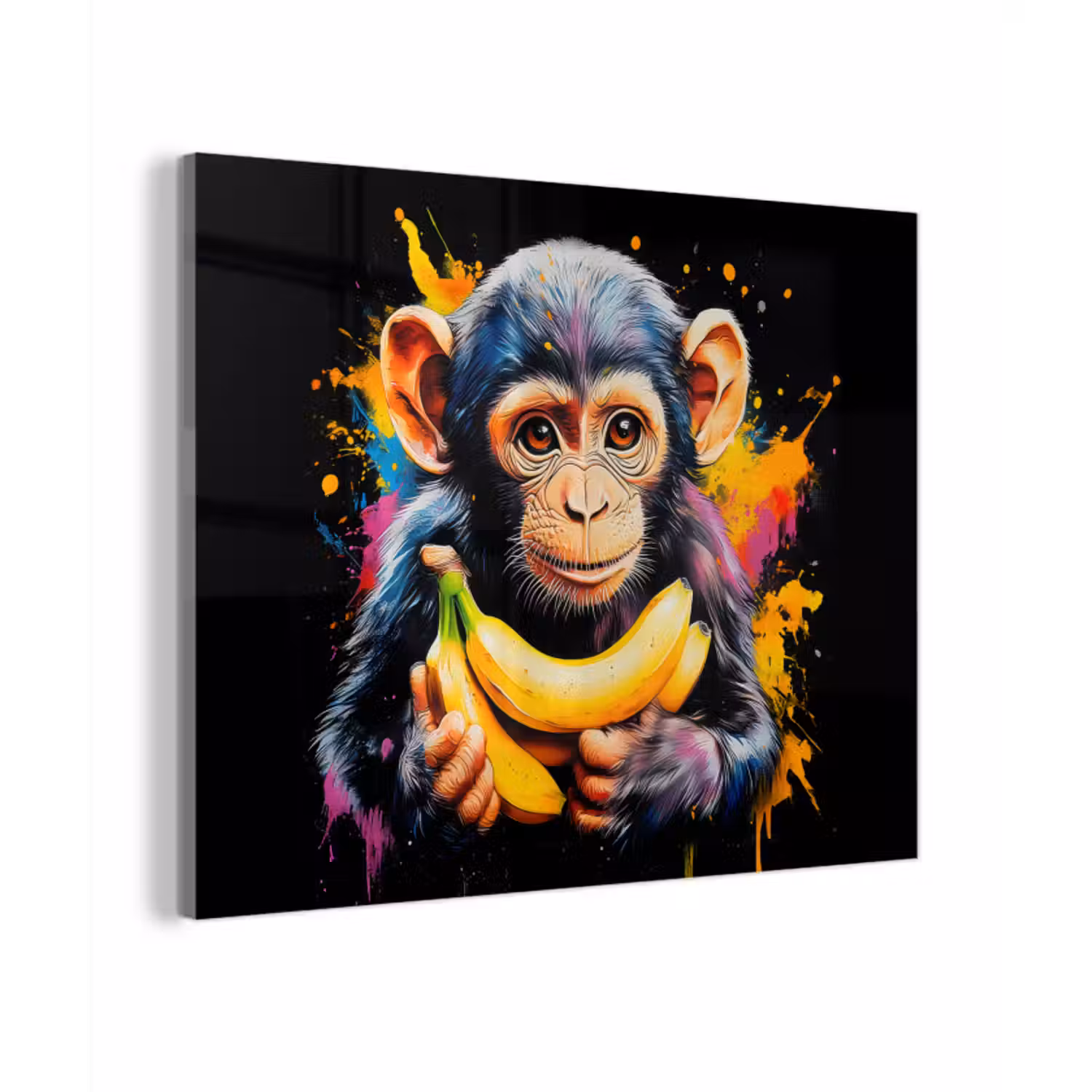 Glas schilderij - Aap - Graffiti - Kleurrijk - Bananen - Modern