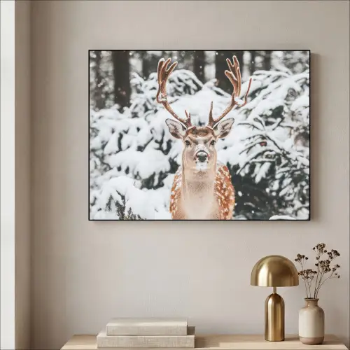 Hert - Sneeuw - Winter - Bos - Dieren Textielframe zwart klein -sfeer2