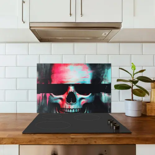 Schedels - Glitch - Cyberpunk keuken achterwand spatscherm klein -sfeer2