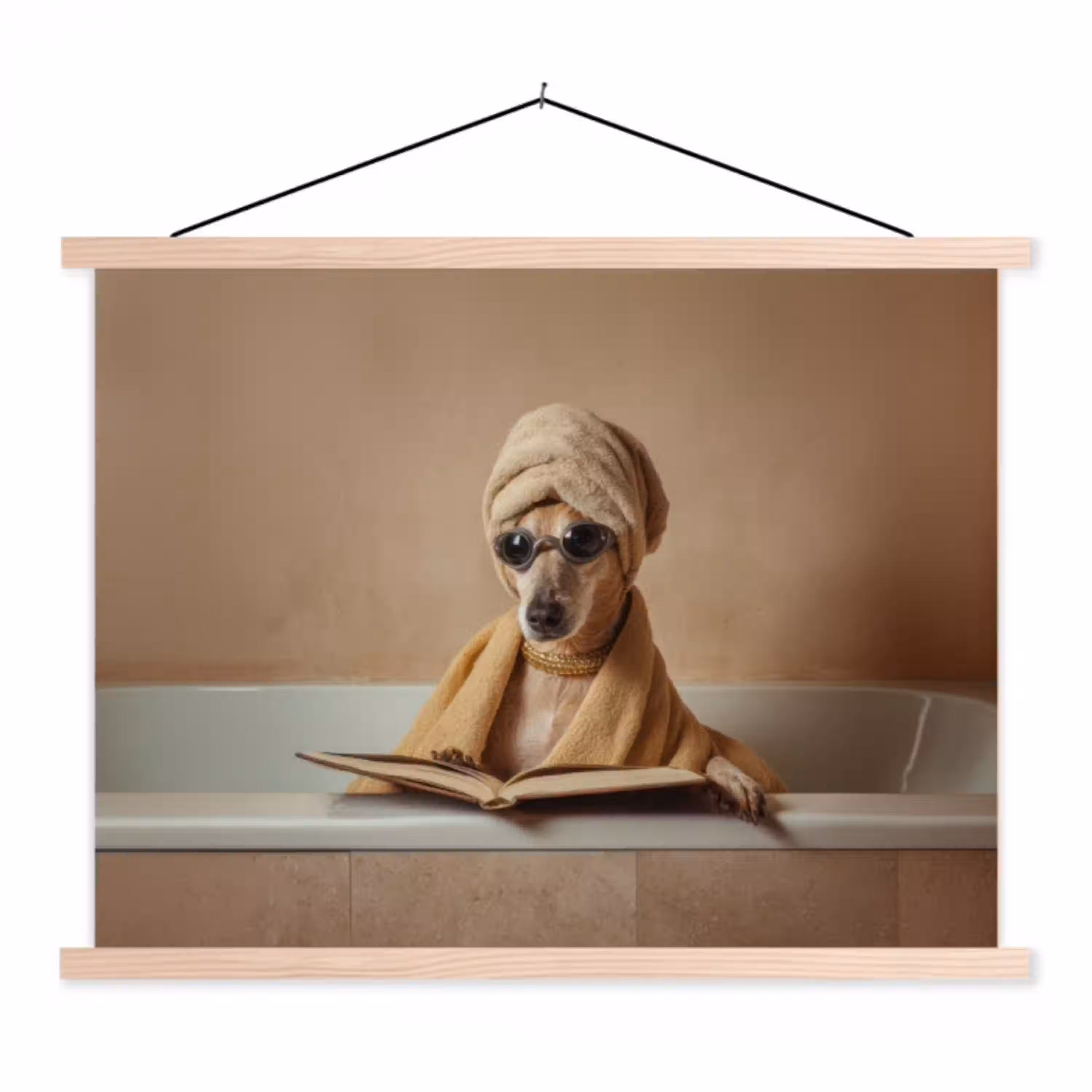 Bad - Hond - Boek - Zonnebril textielposter latten blank klein -3d