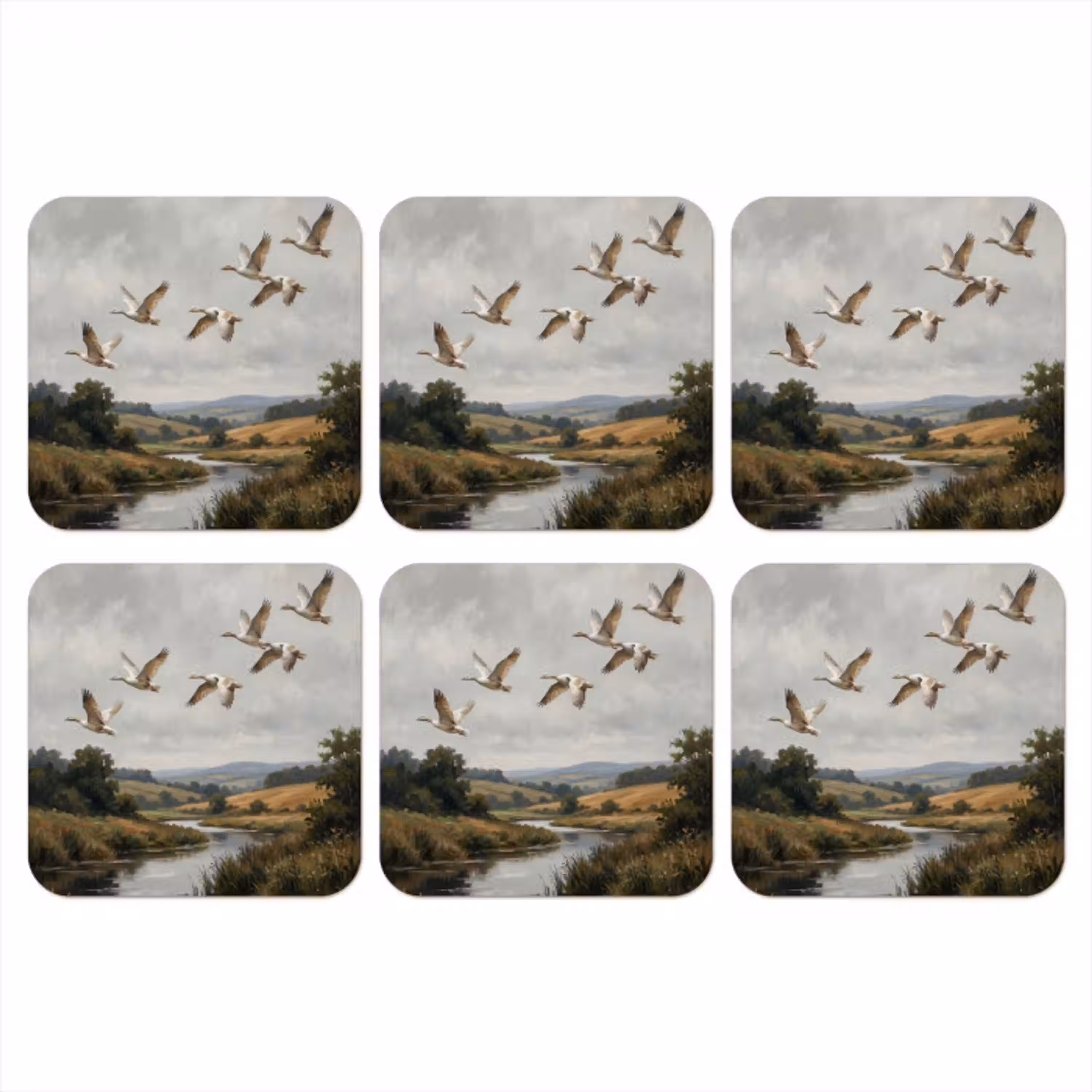 Eenden - Rivier - Landschap - Vlucht - Nostalgisch onderzetter kurk middel -3d