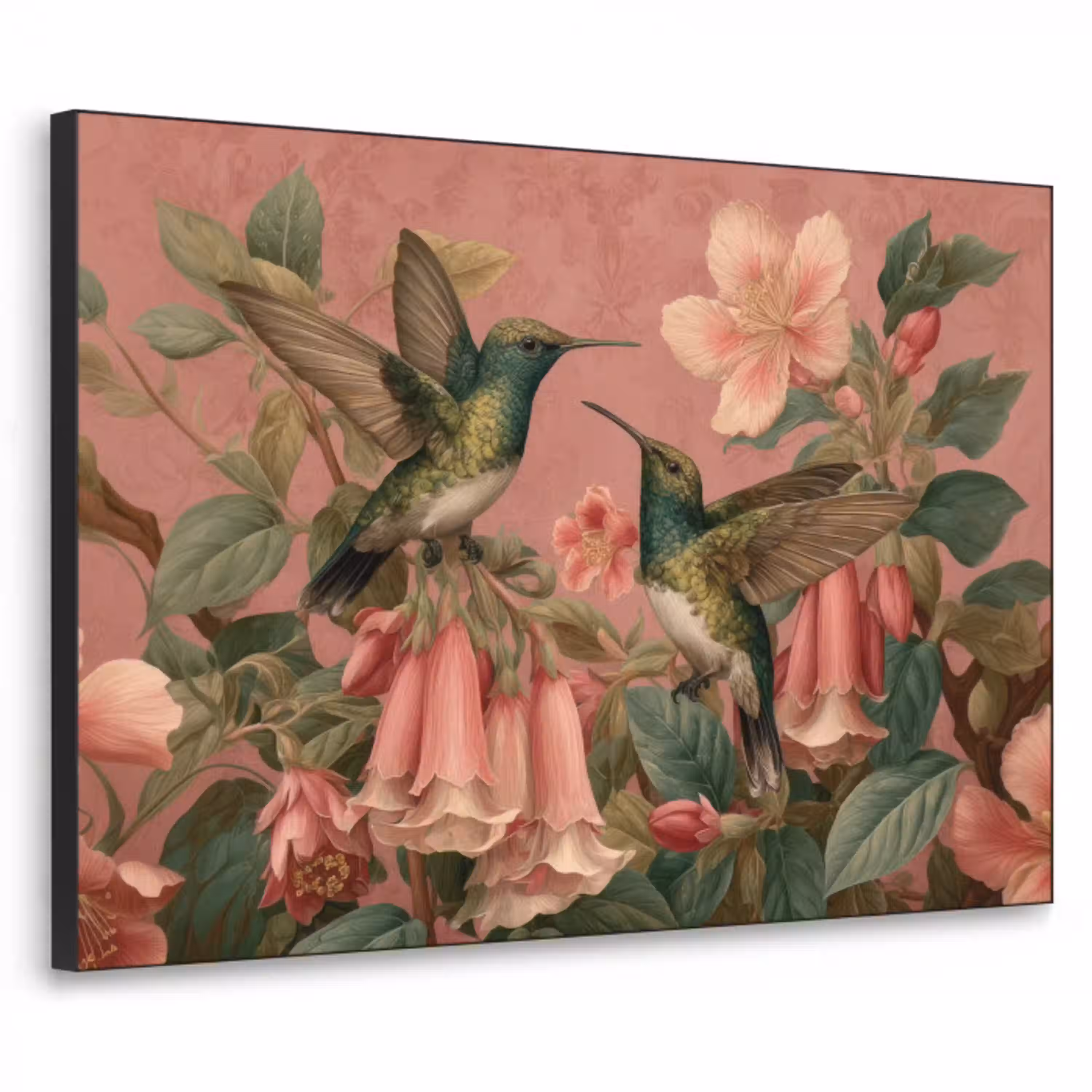 Kolibries - Bloemen - Groen - Roze Textielframe - compleet frame klein -3d