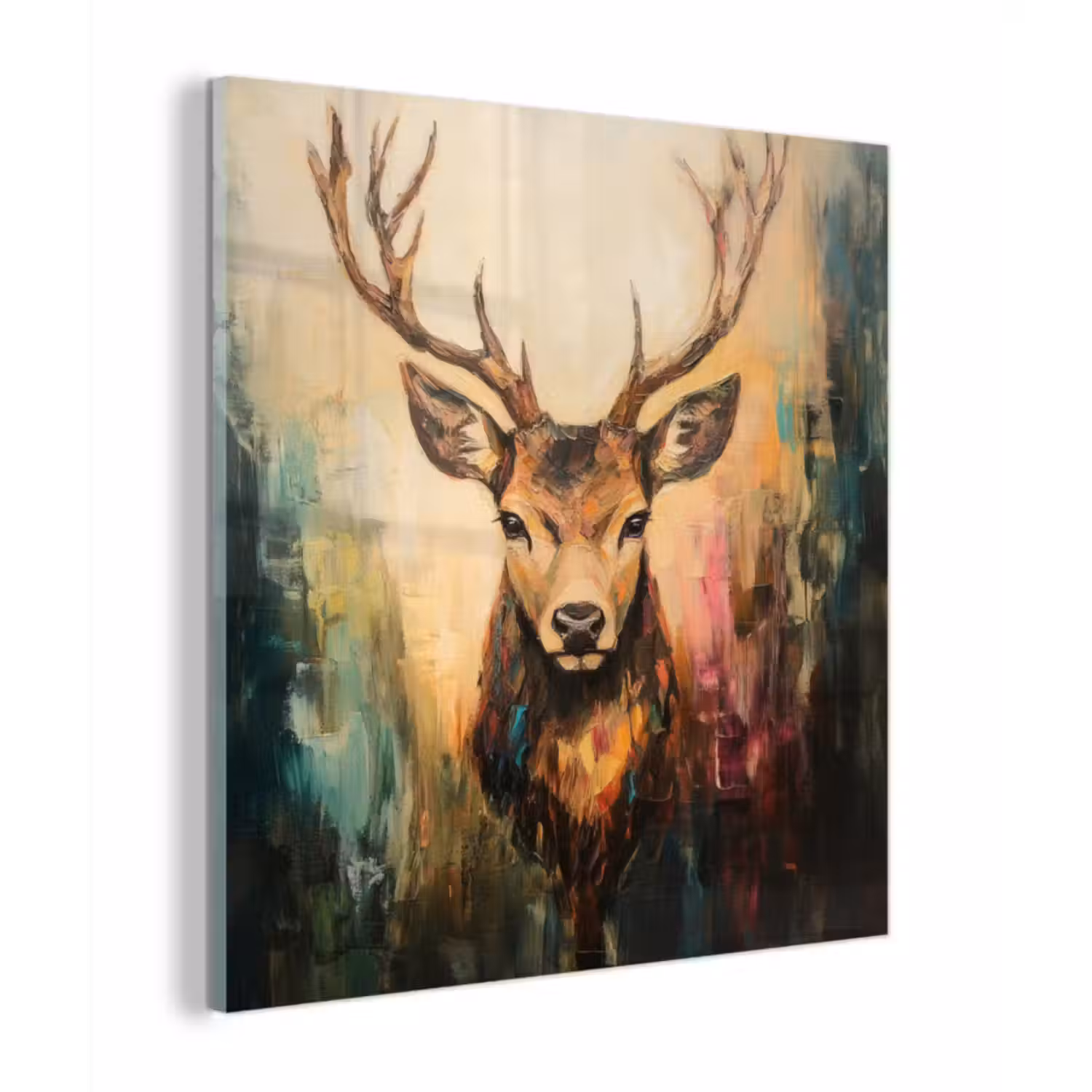Glas schilderij - Hert - Geverfd - Gewei - Bruin