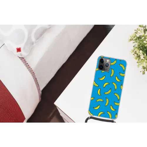 Bananen - Geel - Blauw - Print Hoesje iPhone 12 Pro met koord klein -kamer