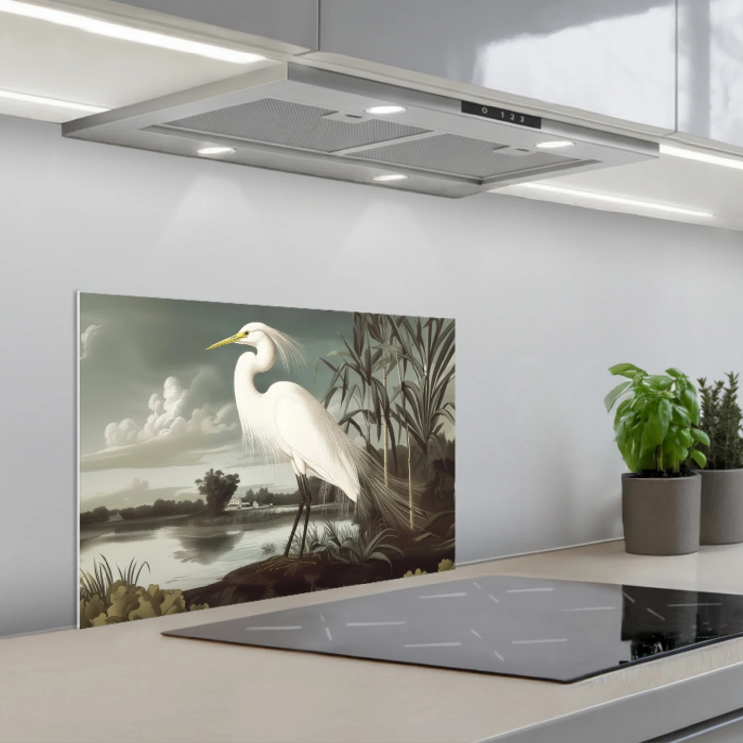 Reiger - Planten - Wolken - Wit keuken achterwand spatscherm klein -3d_schuin