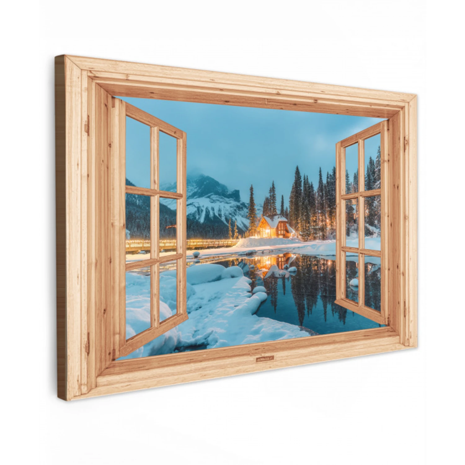 Winterlandschap - Natuur - Huis - Bergen - Doorkijk - Raam Tuinposter op houten frame 2 cm dik klein -3d