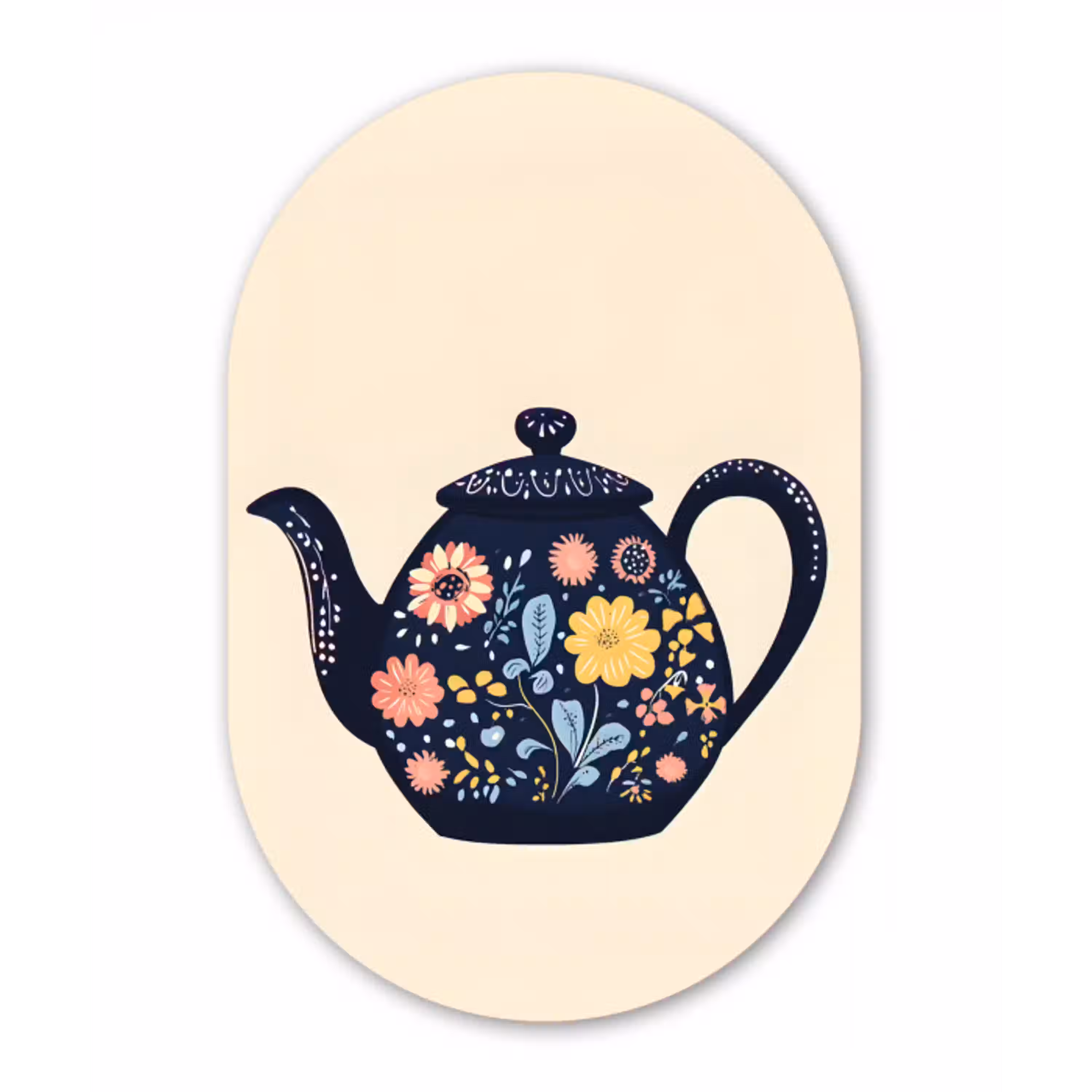 Theepot - Kleurrijk - Bloemen Wandcirkel Ovaal Glas middel -3d