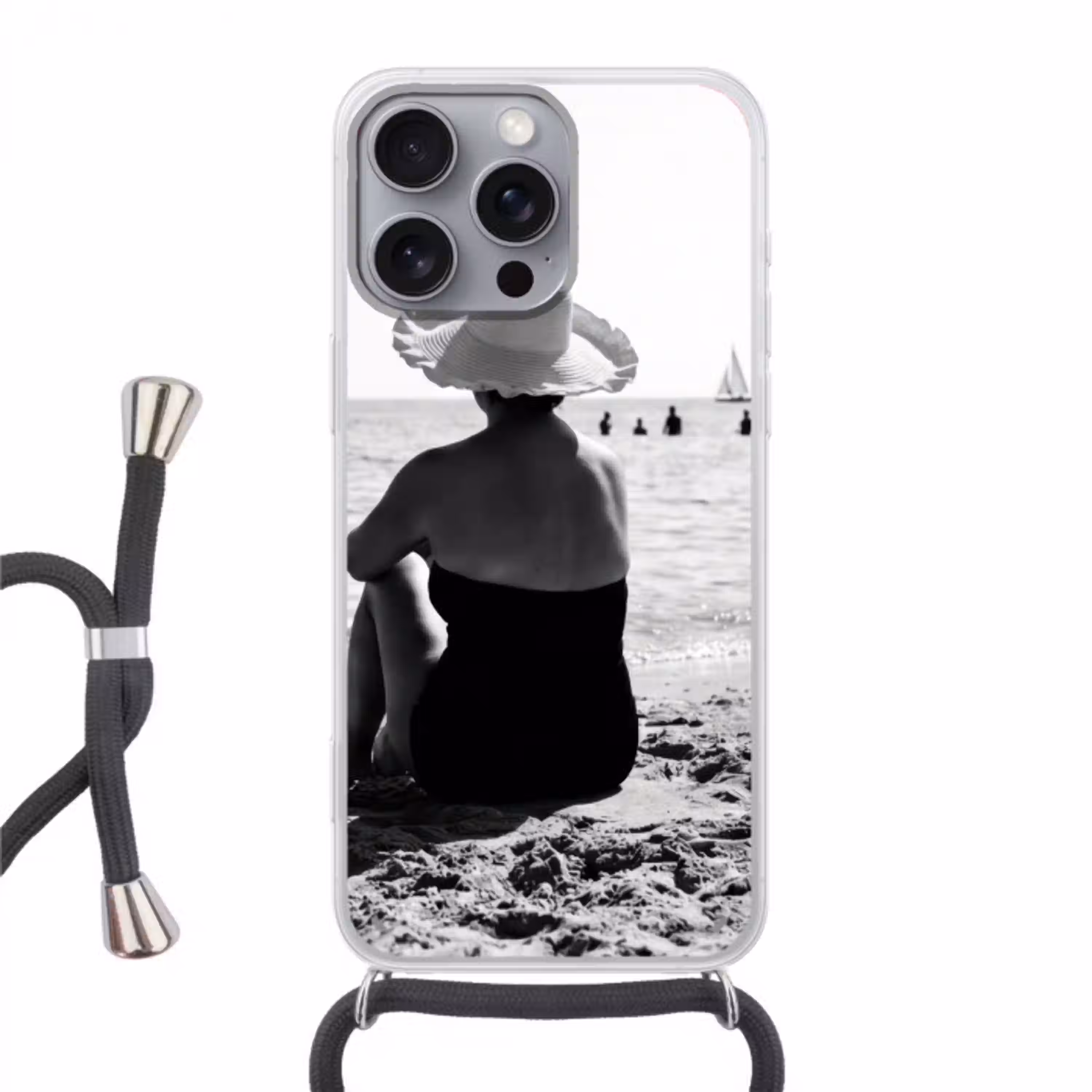 Vrouwen - Zonnehoed - Strand - Zwart - Wit Hoesje iPhone 16 Pro Max met koord klein -3d