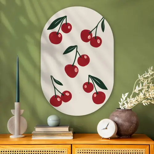 Kersen - Blaadjes - Rood Wandcirkel Ovaal Glas middel -sfeer2