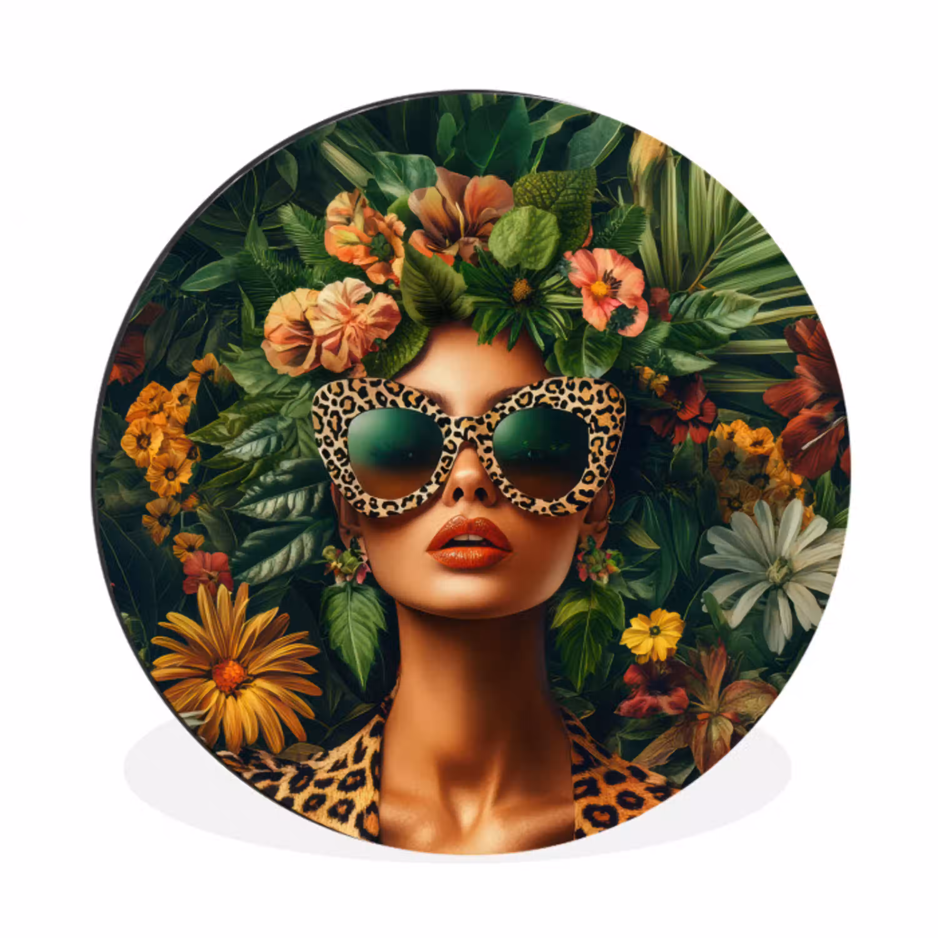 Vrouw - Panterprint - Jungle - Natuur - Luxe Wandcirkel aluminium klein -3d