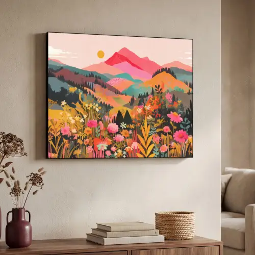 Zonsondergang - Bergvallei - Contrast Textielframe zwart klein -sfeer3