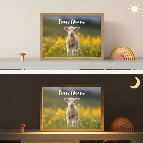 Lammetje - Gras - Bloemen - Geel Light Box met batterij (Wandlamp kind) middel -sfeer3_kind