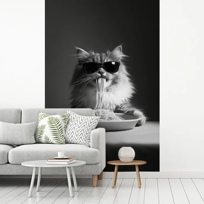 Langharige kat - Zonnebril - Spaghetti - Humor - Zwart - wit fotobehang vinyl groot -woonkamer