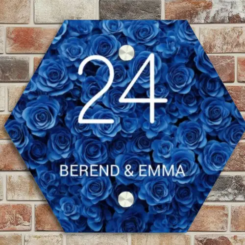 Blauwe rozen - Klassiek Naambord Hexagon klein -sfeer2