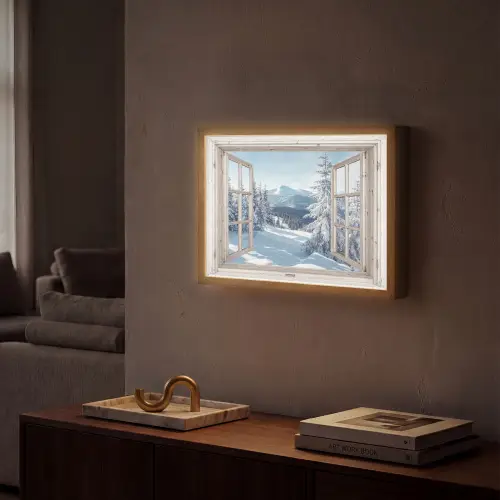 Doorkijk - Winter - Landschap - Natuur - Berg - Bomen - Wit Light Box met batterij (Wandlamp) middel -sfeer1