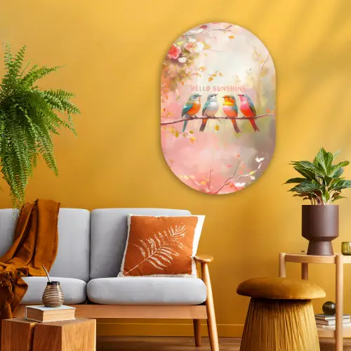 Vogels - Tak - Quote - Roze Wandcirkel Ovaal Glas middel -sfeer4