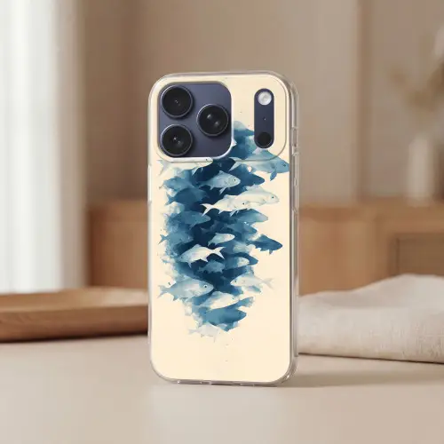 Vissen - Minimalistisch - Blauw Telefoonhoesje iPhone 17 Pro klein -sfeer2