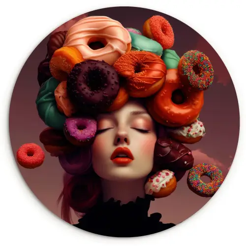 Vrouw - Donuts - Kleurrijk Wandcirkel kunststof plaat 5mm dik klein -3d
