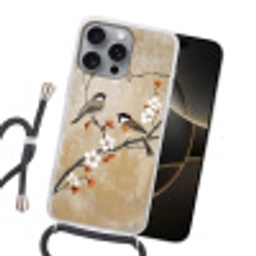 Vogels - Bloesemtak - Bloemen - Oranje Hoesje iPhone 16 Pro Max met koord klein -sfeer1
