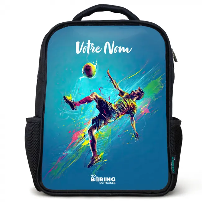 Sac à dos enfant avec votre nom - Noir - Néon - Football - Coup de pied - Coloré