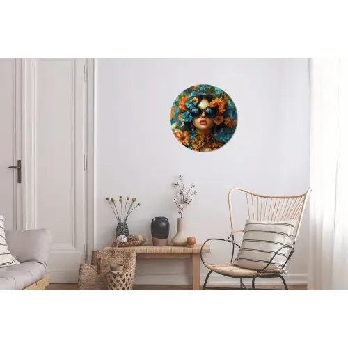 Vrouw - Bloemen - Oranje - Blauw - Modern Wandcirkel aluminium klein -woonkamer