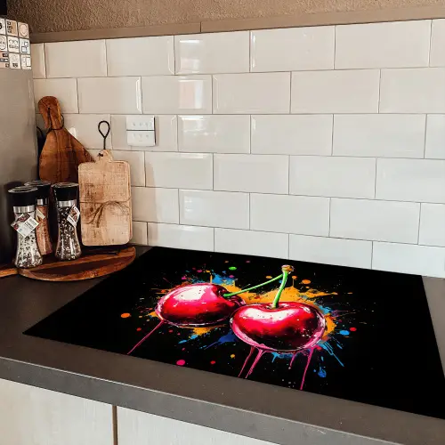 Kersen - Fruit - Graffiti - Verf - Abstract - Modern - Kleurrijk Inductie beschermer vinyl 3mm klein -sfeer3