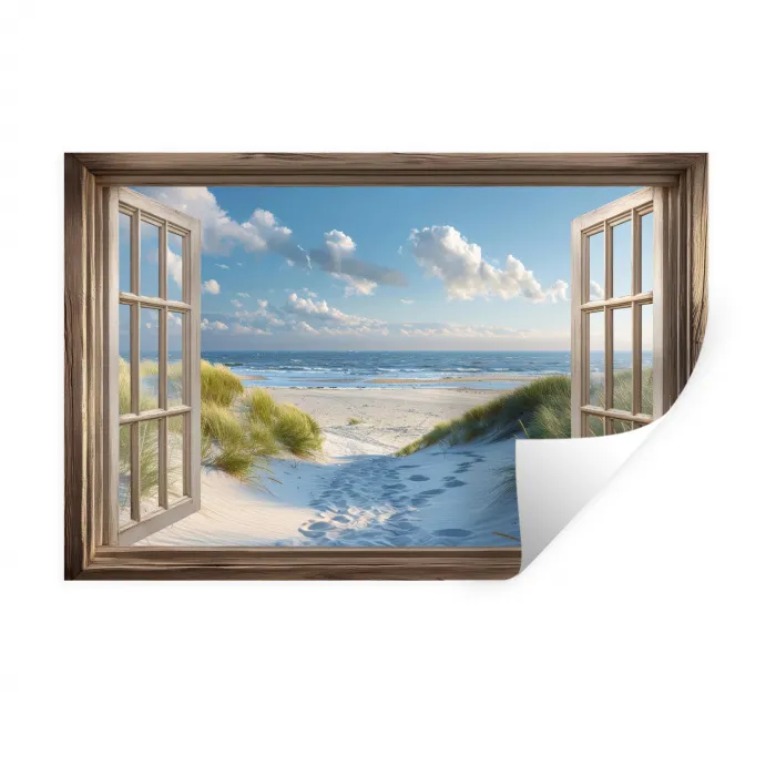 Doorkijk - Strand - Raam - Duinen - Zee Muursticker klein -3d