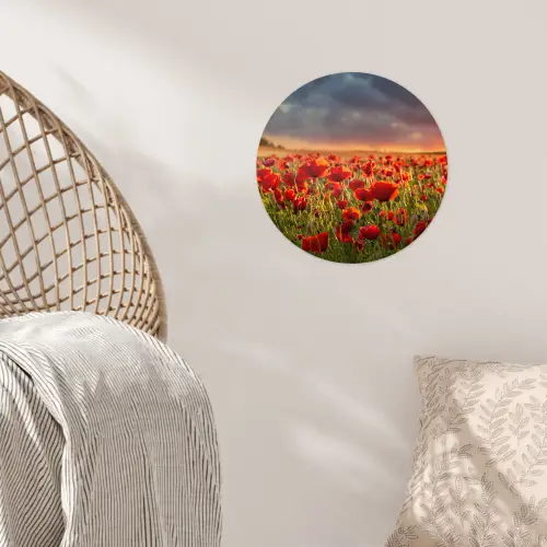 Zonsondergang - Klaprozen - Rood - Bloemen - Veld - Natuur Wandcirkel behangsticker klein -sfeer4