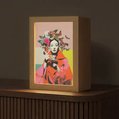 Retro - Vrouw - Kopje - Vlinders Light Box met kabel (Tafellamp) klein -z3d_website