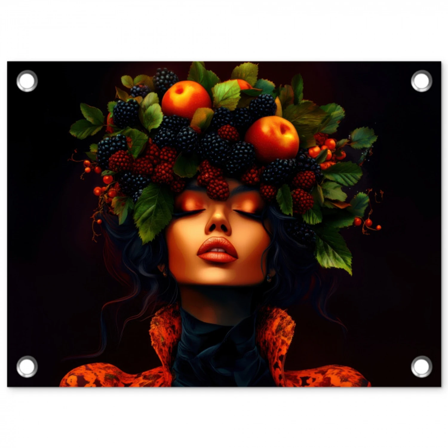 Vrouw - Zwart - Bessen - Bramen - Appels tuinposter los doek klein -3d