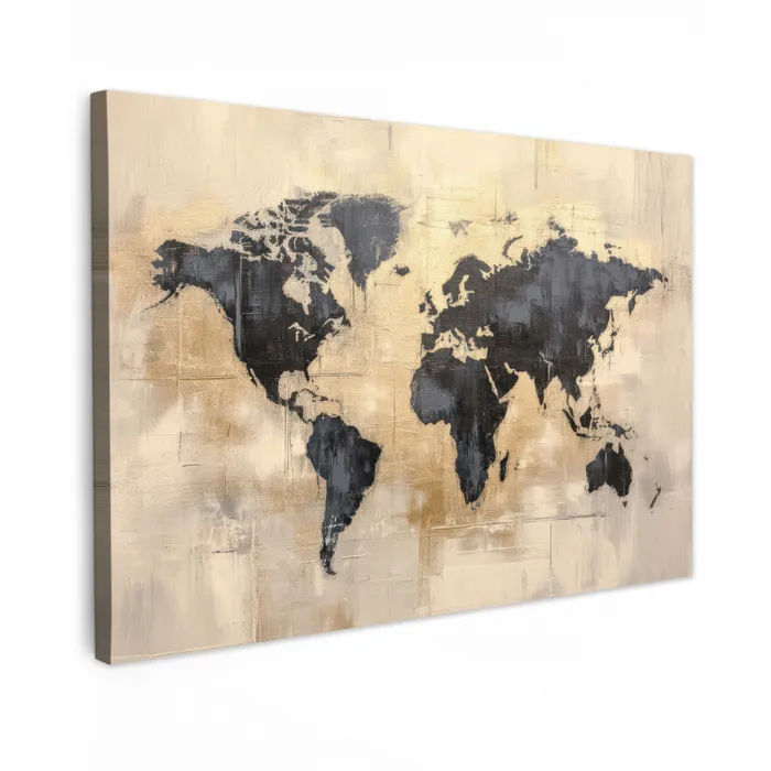 Wereldkaart - Goud - Zwart - Abstract canvas 2cm klein -z3d