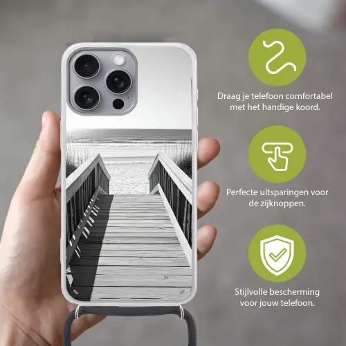 Loopbrug - Hout - Strand - Zee Hoesje iPhone 16 Pro Max met koord klein -sfeer2_NL