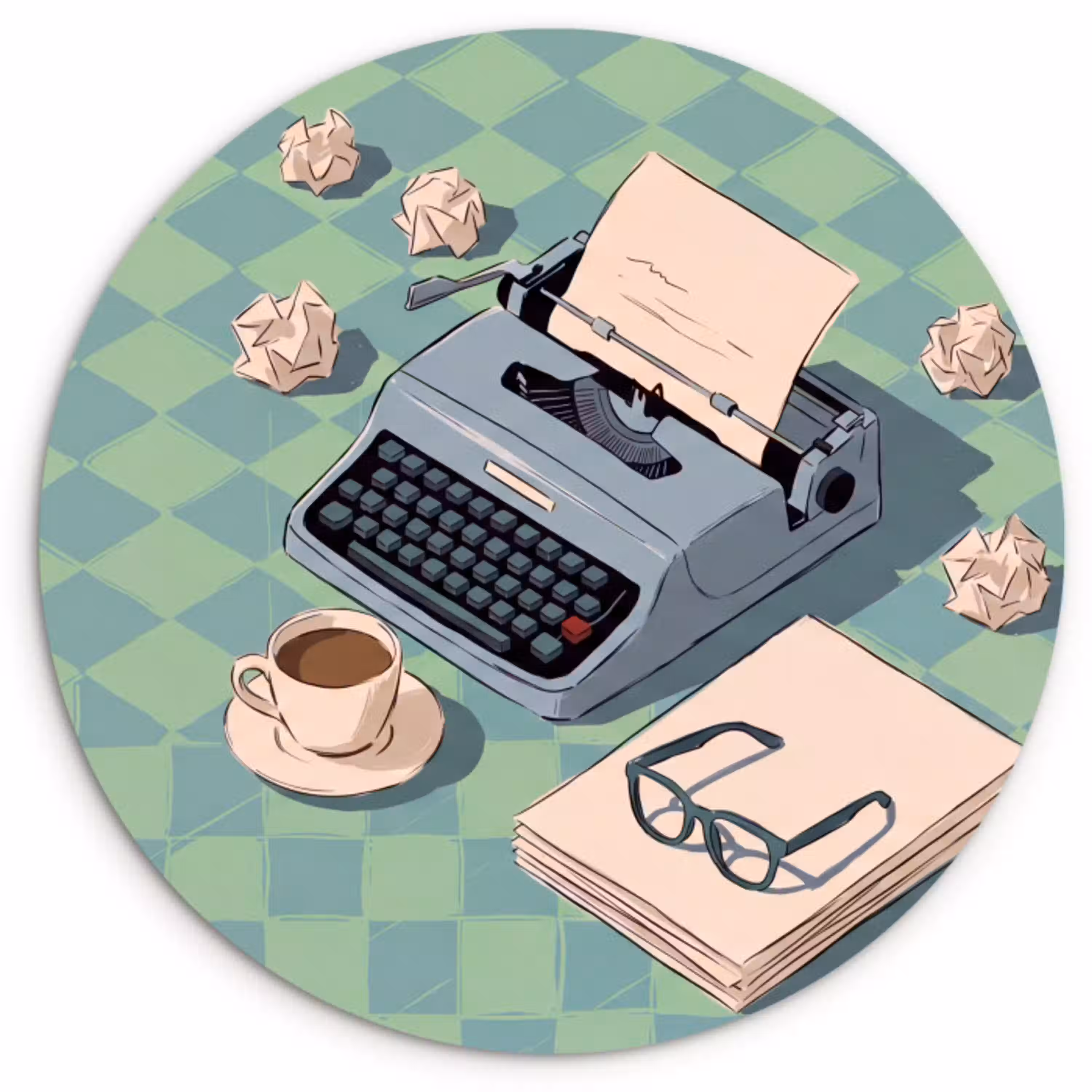 Typemachine - Kantoor - Vintage - Illustratie - Groen Wandcirkel kunststof plaat 5mm dik klein -3d