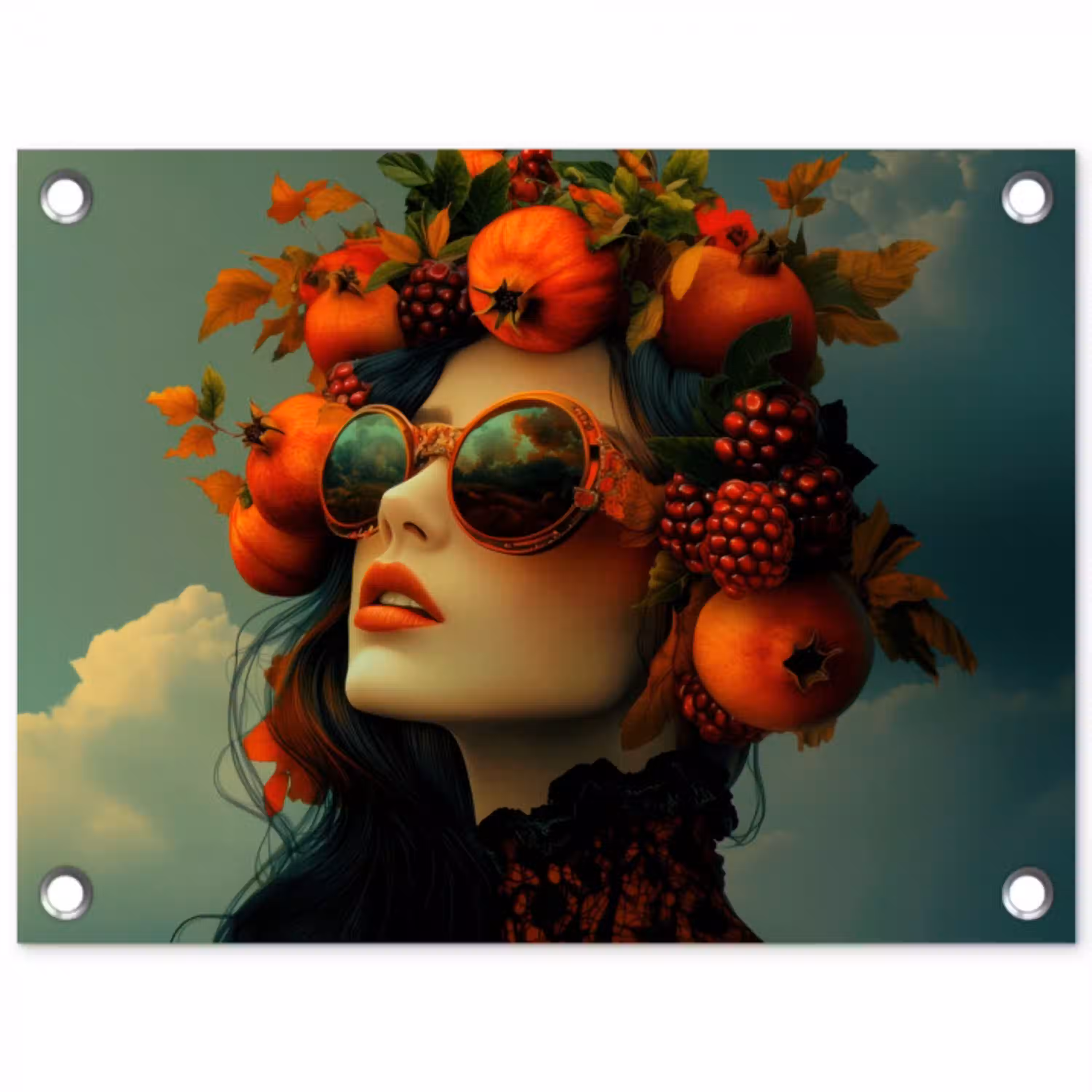Vrouw - Granaatappel - Herfst - Zonnebril tuinposter los doek klein -3d