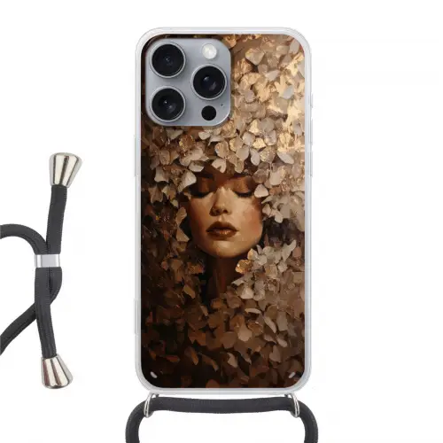 Gezicht - Vrouwe - Bladeren - Penseelstreken Hoesje iPhone 16 Pro Max met koord klein -3d