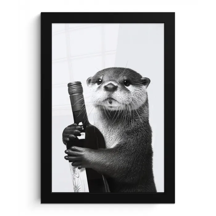 Wijnfles - Otter - Zwart fotolijst zwart zonder passe partout klein -3d